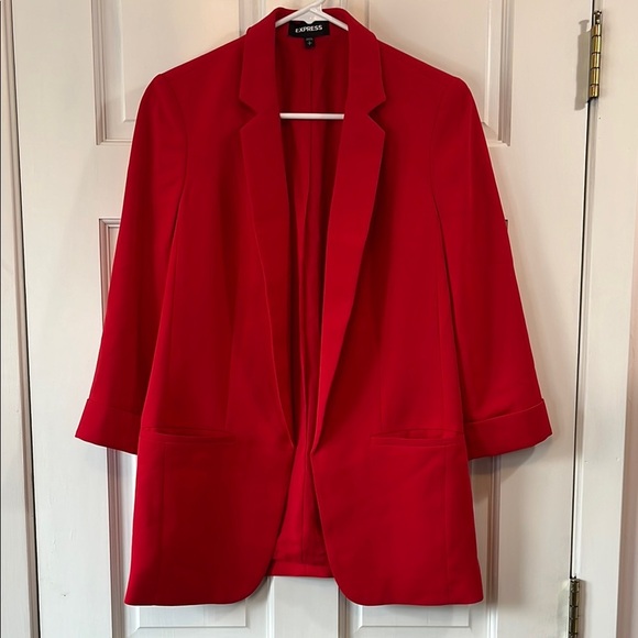 Express Cherry Red Oversized Boyfriend Casual Open Front Blazer - Size Small - Picture 1 of 12